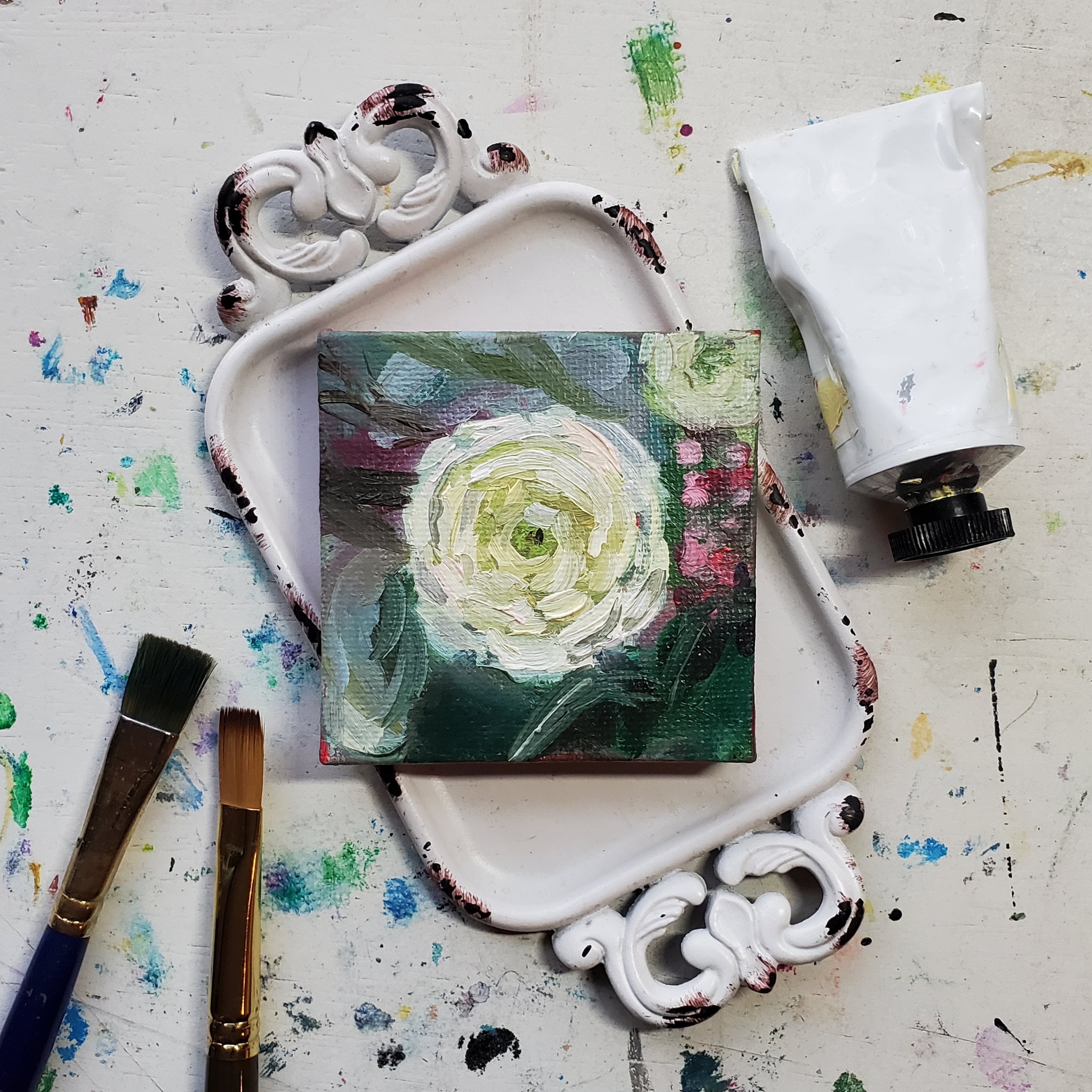 Gentle Floral || Mini Oil Painting on Canvas || Display Easel Included