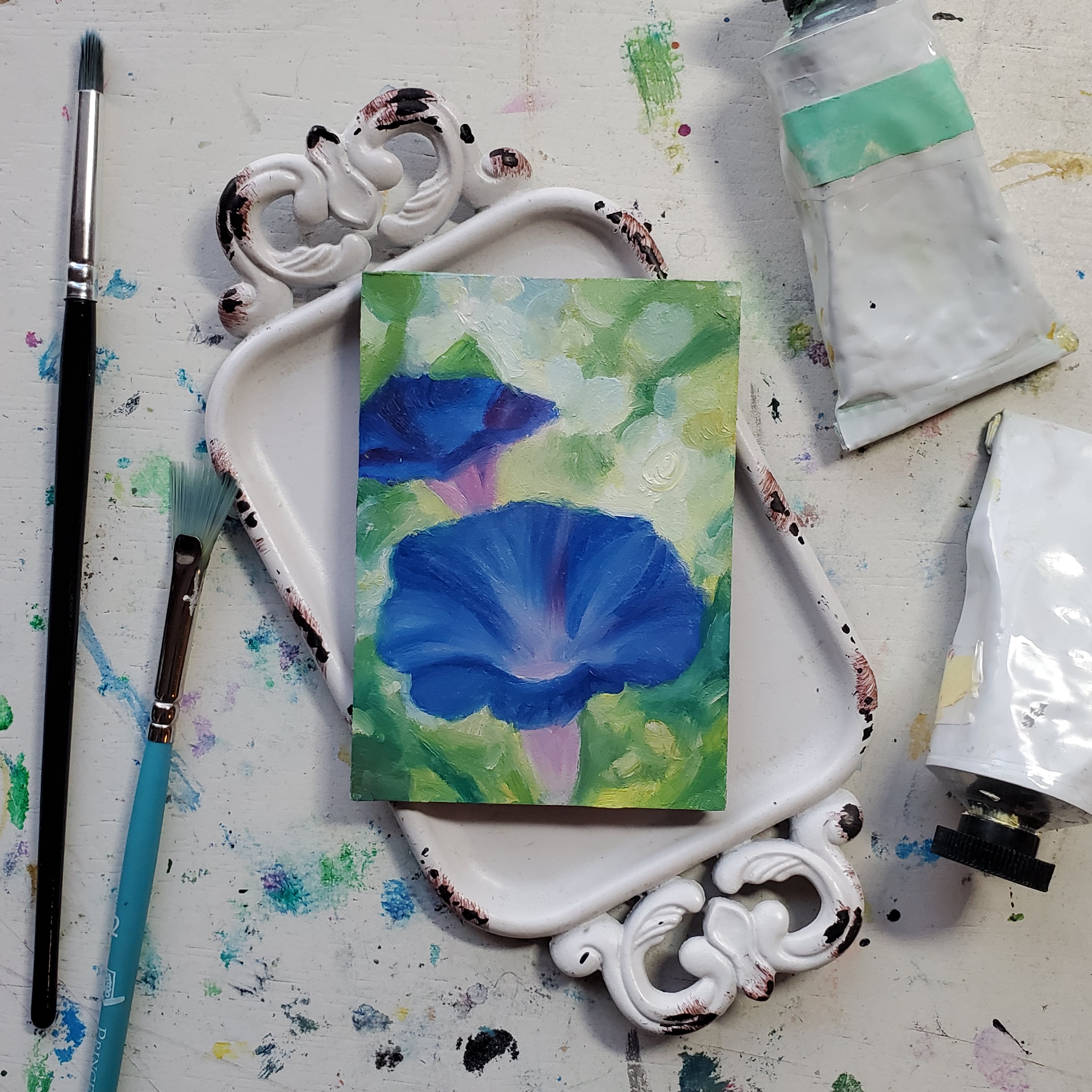 Morning Glory || Mini Oil Painting on Panel || Display Easel Included