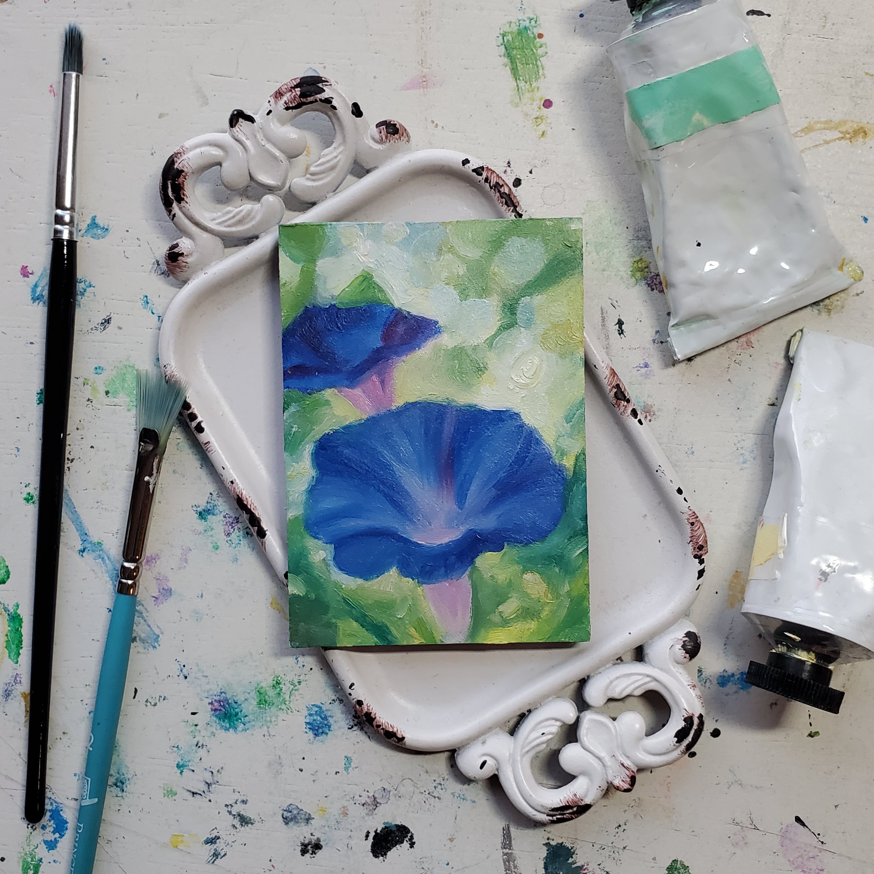 Morning Glory || Mini Oil Painting on Panel || Display Easel Included