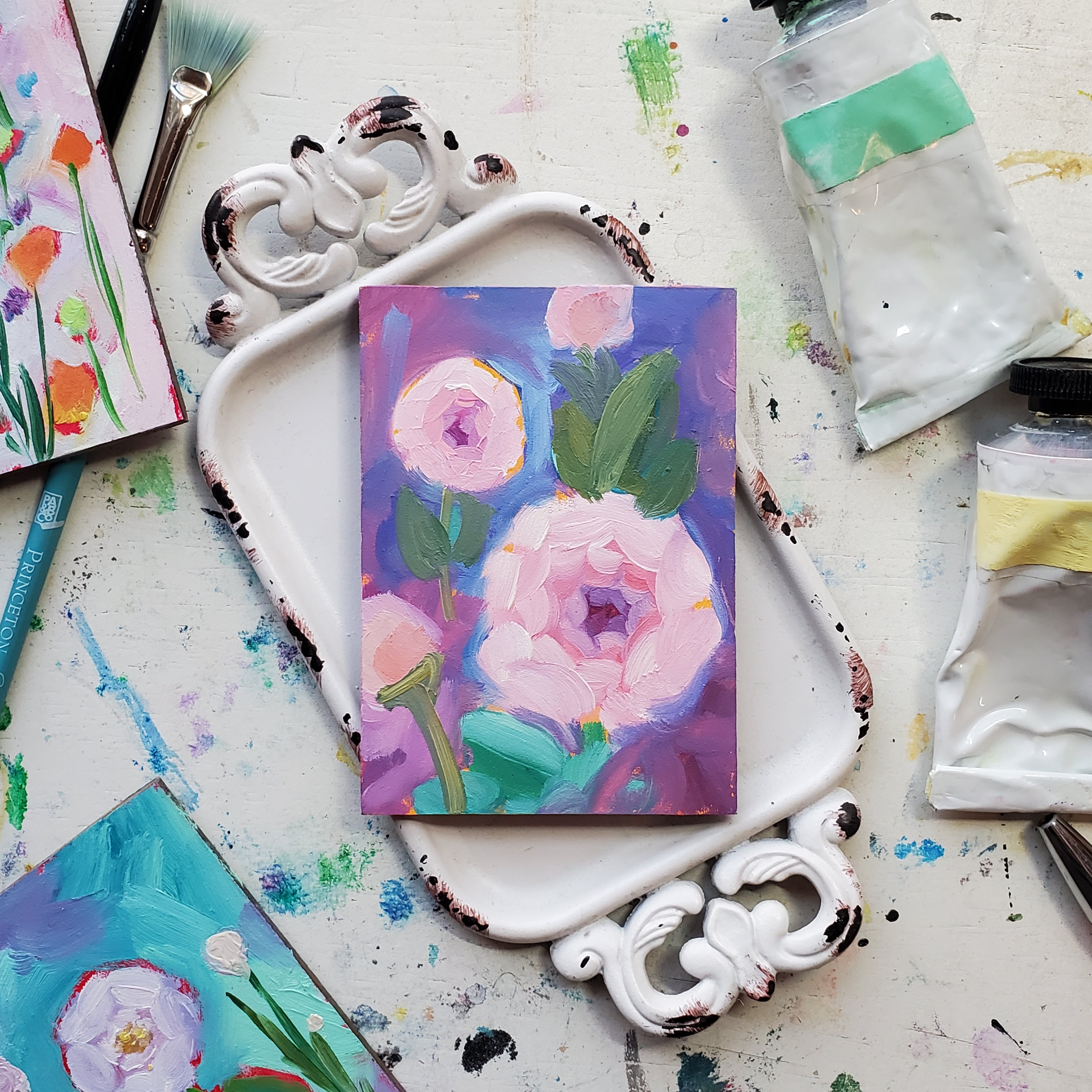 Blush Floral || Mini Oil Painting on Panel || Display Easel Included