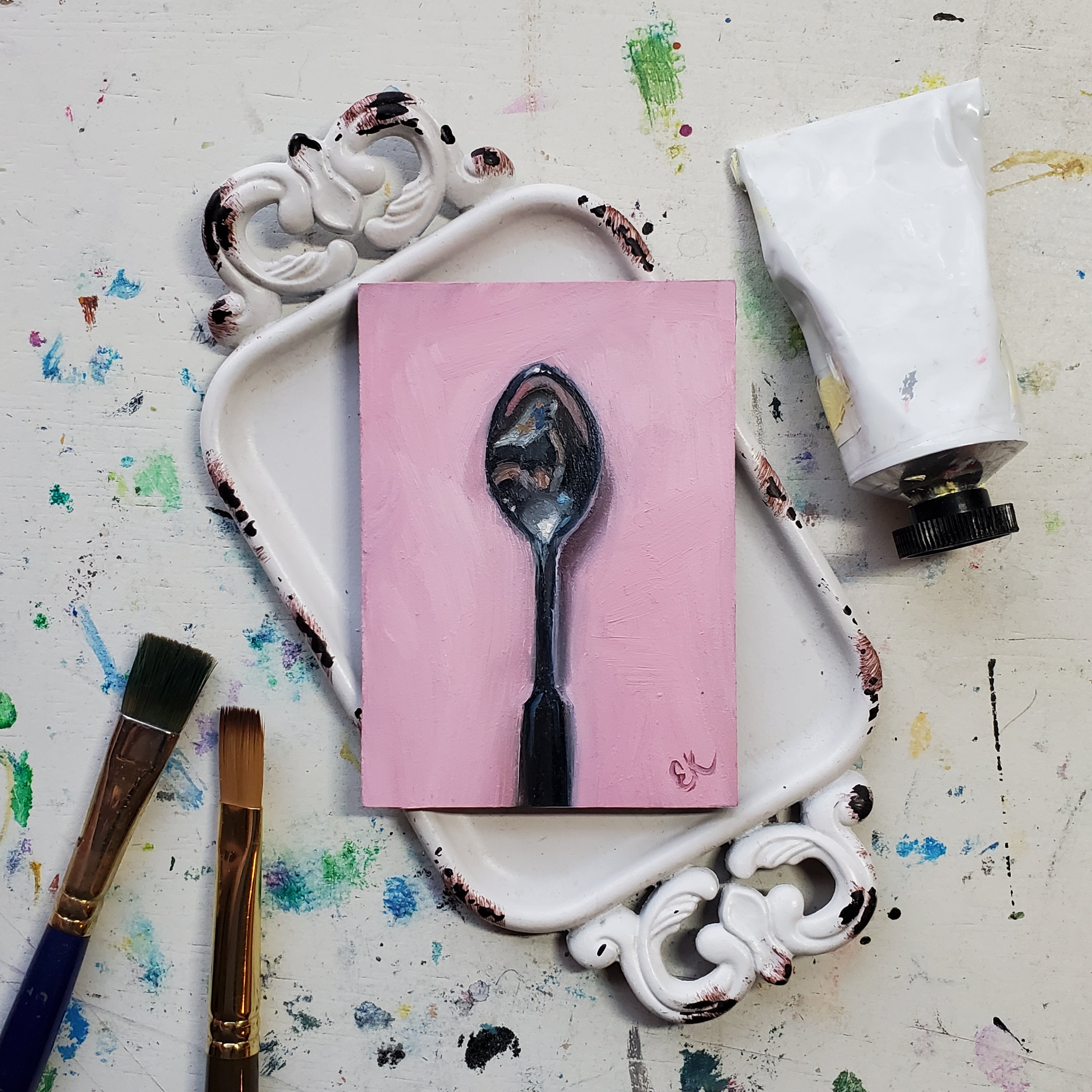 Pink Spoon || Mini Oil Painting on Panel || Display Easel Included