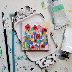 Poppy Square || Mini Oil Painting on Canvas || Display Easel Included