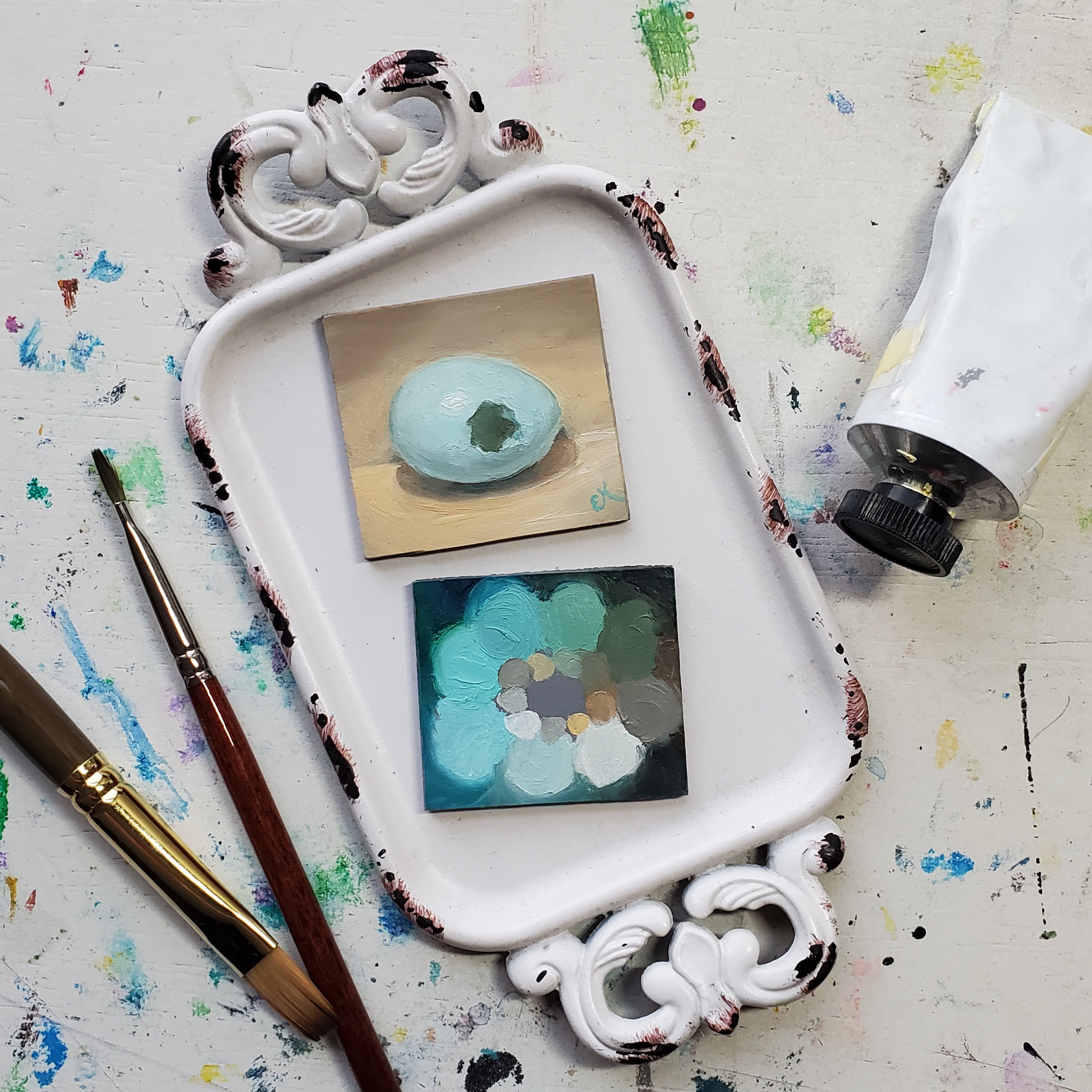Robin's Egg & Palette Set || Tiny Oil Paintings on Panel || One Display Easel Included